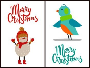Merry Christmas, banners with decorated titles, images of snowman wearing hat and scarf with gloves and happy peaceful bird on vector illustration. Merry Christmas Snowman, Bird Vector Illustration