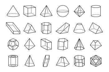 Collection of three dimensional geometric shapes, sketches of various forms, such as triangles and cubes on vector illustration isolated on white. Collection of Geometric Shapes Vector Illustration