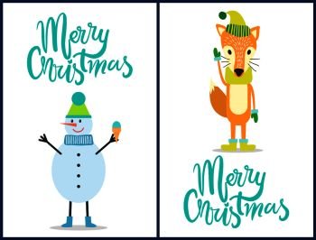 Merry Christmas, placards set representing snowman wearing boots and hat, standing with ice-cream, and fox with gloves isolated on vector illustration. Merry Christmas Placards Set Vector Illustration
