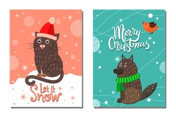 Merry Christmas let it snow 70s theme postcard with cat in red hat with fluffy bubo and wolf with green scarf. Vector illustration with xmas congratulation. Merry Christmas let it Snow 70s Theme Postcard
