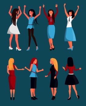Set of women icons with positive emotions on their faces, having fun and raising hands, dressed in elegant gowns and skirts on vector illustration. Set of Different Women Icons Vector Illustration