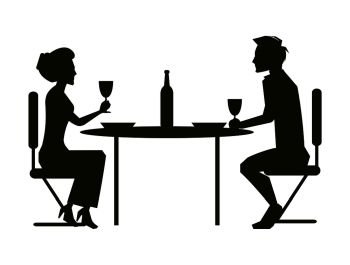 Couple dining together, drinking wine sitting at table with bottle, dark silhouettes of man and woman isolated on white vector illustration. Couple Dining Together on Vector Illustration