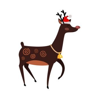 Big reindeer with golden bell and red hat on white background. Santa’s helper as element of decor for encouragement customers in big supermarkets. Cute horned mammal animal vector illustration. Big Reindeer with Golden Bell and Red Hat on White