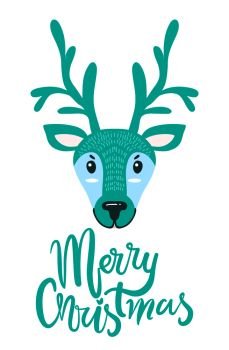 Merry Christmas greeting card with furry north pole deer with long branchy horns. Christmas animal head of unusual color isolated cartoon vector. Merry Christmas Greeting Card with Furry Deer
