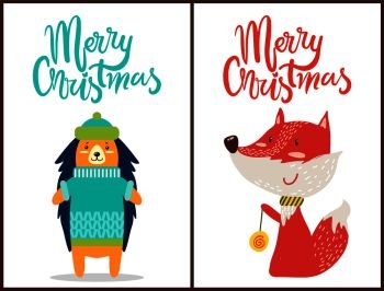 Merry Christmas, banners with hedgehog wearing green hat and blue knitted sweater and fox with scarf playing game and smiling on vector illustration. Merry Christmas Hedgehog, Fox Vector Illustration
