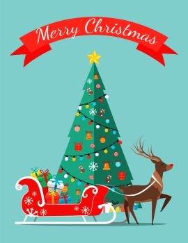 Merry Christmas poster with decorated tree by garlands, bells and bows on ribbons, sleigh full of presents and reindeer animal vector illustration. Merry Christmas Poster with Decorated Tree by Garlands
