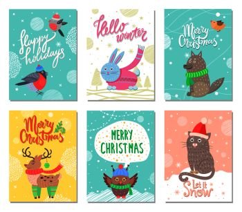 Happy holidays and merry Christmas set of posters with cute animals dressed in warm hats, scarfs and mittens. Vector illustration with colorful postcards. Happy Holidays and Merry Christmas Set of Posters