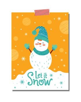 Let it snow postcard with smiling snowman in blue knitted scarf, hat and mittens vector with winter creature in snowflakes greeting card design. Let it Snow Postcard with Smiling Snowman Postcard
