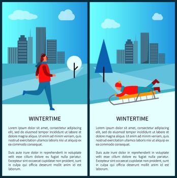 Wintertime activities banner with jogging and sledding men in city park. Vector illustration with active people having fun on snowy urban background. Wintertime Activities Banner Vector Illustration