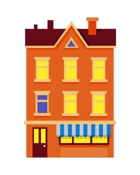 Vector illustration of isolated cartoon house with three floors on white background. Colourful xmas building with dark red roof and chimneys, some yellow lighted windows. Architecture in city.. Isolated Xmas Colourful Building with Chimneys