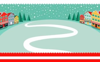 Snowy wintertime park poster with winding path in deep white snow. Vector illustration with quiet winter landscape and big falling snowflakes. Snowy Wintertime Park Poster Vector Illustration