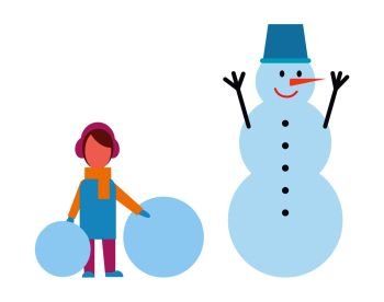 Girl in warm cloth holds two balls of snow and snowman with metal basket on head, smiling winter character with carrot nose, vector isolated on white. Girl in Warm Cloth Hold Balls of Snow and Snowman