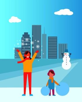 Mother and daughter in winter city having fun together, snowman with carrot nose and cityscape with buildings and clouds vector illustration. Mother and Daughter in City Vector Illustration