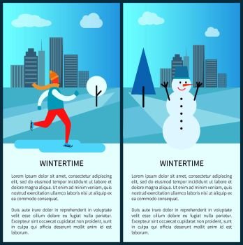 Wintertime in park posters with warm dressed ice-skating man and big funny snowman. Background of vector illustration is high building and skyscrapers. Wintertime in Park Posters Vector Illustration