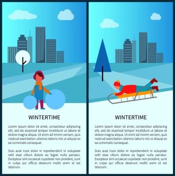 Wintertime childish activities with kids making snowballs for building snowman and sledding. Vector illustration with children having fun in ?ity park. Wintertime Childish Activities Vector Illustration
