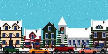 City at wintertime poster, buildings and homes, people that are busy and hurry somewhere, taxi and cars driving along road on vector illustration. City at Wintertime Poster on Vector Illustration