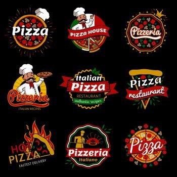 Italian pizza restaurant promotional emblems set with friendly cook that has long mustaches isolated vector illustrations set on black background.. Italian Pizza Restaurant Promotional Emblems Set
