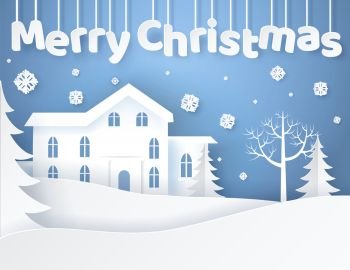 Merry Christmas, elegant poster with headline and building, snowflakes that falling down on ground and trees isolated on vector illustration. Merry Christmas Elegant Poster Vector Illustration