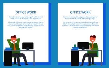 Office work posters set with sitting on chair in front of table with few books on it. Vector of males on workplaces isolated on white in frame for text. Office Workers Sitting on Chairs in Front of Table