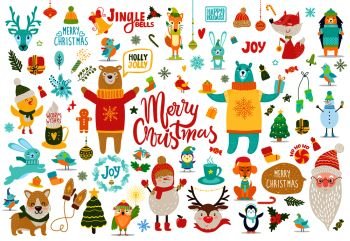 Merry Christmas, jingle bells, holly jolly, set of items dedicated to wintertime holidays, animals and icons, titles and stickers vector illustration. Merry Christmas Jingle Bells Vector Illustration