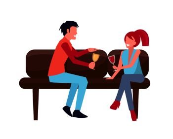 Man and woman sitting on sofa with glass of wine and champagne in their hand represented on vector illustration isolated on white. Man &Woman on Sofa with Wine Vector Illustration