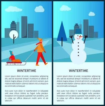 Wintertime placards set with text and headlines, images of mother with kid and snowman, cityscape behind them isolated on vector illustration. Wintertime Placards with Text Vector Illustration