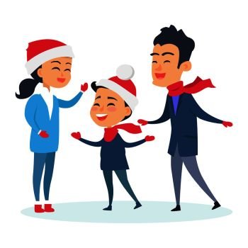 Happy family in warm clothes on white. Vector illustration of family with child who wear Christmas red hats. Preparation to celebration of holidays. Worn in coats, woolen pants, scarf and gloves. Happy Family in Warm Clothes on White Background