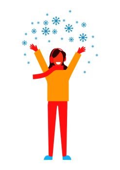 Woman with snowflakes having fun, lady dressed in scarf and yellow coat with trousers, happy because of snow vector illustration isolated on white. Woman Snowflakes Having Fun Vector Illustration