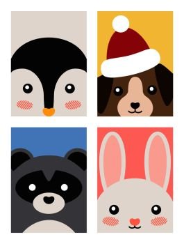 Animals poster collection, icons of penguin with reddish cheeks, puppy that is wearing hat, and images of bear and rabbit on vector illustration. Animals Poster Collection on Vector Illustration