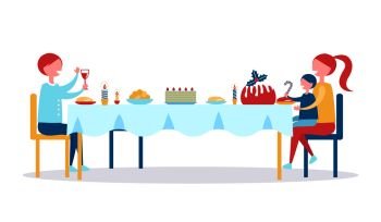 Family celebrates Christmas at table with great dinner full of delicious dishes and sweet desserts isolated vector illustration on white background.. Family Celebrates Christmas with Great Dinner