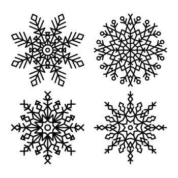 Symmetrical ice crystals made up of lines, circles and triangles, colorless vector illustration isolated on white. Snowflakes set with frozen items. Symmetrical Ice Crystals Made up of Lines, Circles