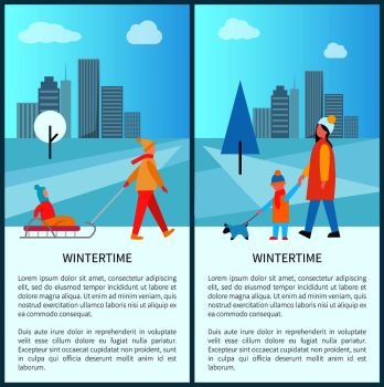 Wintertime city activities with families walking with kids on sleds, pet on leash. Vector illustration with people walking in snowy town park posters. Wintertime City Activities Vector Illustration