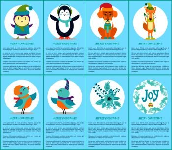 Merry Christmas, set with text sample below headlines and icons of penguin and bird, dog and fox, and compositions isolated on vector illustration. Merry Christmas Set with Text Vector Illustration