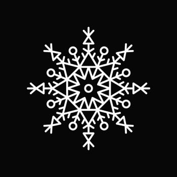 Snowflake white ice crystal with traditional shape made up of lines, circles and triangles, vector illustration isolated on black background. Snowflake Crystal on Black Vector Illustration