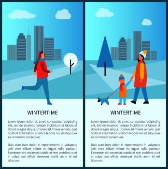 Wintertime outdoor activities posters with jogging man and woman with child walking dog. Vector illustration with happy people in snowy city park. Wintertime Outdoor Activities Vector Illustration