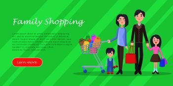 Family shopping banner. Young man and woman make purchases with kids cartoon flat vector illustration isolated on white background. Father and mother buying gifts on holiday sale with son and daughter. Family Shopping Cartoon Flat Vector Concept