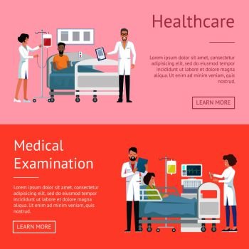Healthcare and medical examination, pictures depicting doctor and nurse caring for patient after operation, web page vector illustration. Healthcare Medical Examination Vector Illustration