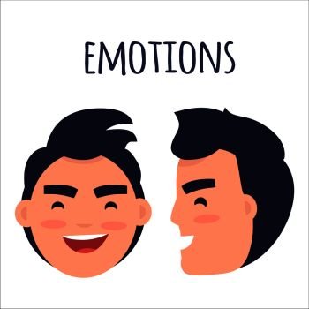 Men positive emotions concept. Brunette male face in full face and profile with smiling facial expression flat vector isolated on white. Laughing man emotive portrait for icon, avatar illustration