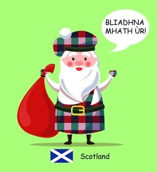 Scotland and Santa Claus poster, man standing in traditional clothes, with pattern and saying happy New Year in Scottish, vector illustration. Scotland ]Santa Claus Poster Vector Illustration