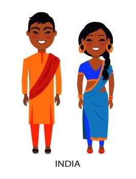 India couple dressed in traditional clothes, woman wearing blue sari with jewelry, and man in yellow, on vector illustration isolated on white. India Couple and Traditions Vector Illustration