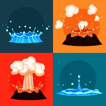 Concept of blue geyser and red-hot volcano four icons. Magma nature blowing up with lava flowing down set. Fountain or splash of hot water from ground. Vector illustration cartoon style flat design. Concept of Blue Geyser and Red-hot Volcano Icons