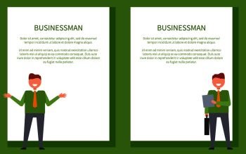 Businessman poster with man in green sweater standing in relaxed pose with documents and briefcase vector illustrations set with place for text in frame. Business Posters with Businessman in Green Sweater