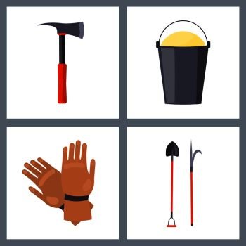 Set of isolated fire-related items vector illustration dipicting hatchet with metal grip, bucket with sand, brown gloves, shovel and hook. Set of Isolated Fire-Related Items Illustration