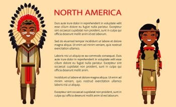 North america traditional costumes in which man and woman are dressed, vector international day poster ethnic people with text, native indians. North America Traditional Vector Illustration