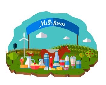 Milk farm concept banner vector flat design. Organic farming, traditional products. Clean naturally produced food. Dairy products with cow, field, fence, garden on background. Milk farm poster. Milk Farm Concept Banner Vector Flat Design.