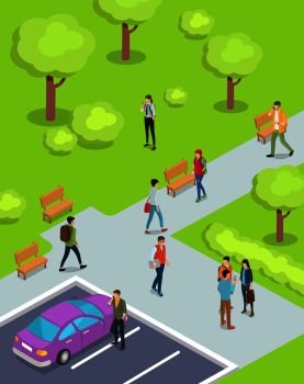 Teenage boys and girls walking in park with lush trees and bushes vector illustration. Cartoon style purple sedan parked in parking lot. Teenagers Walking in Park Cartoon Illustration