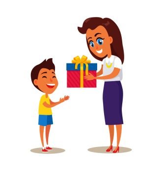 Mom greets adorable son with winter holidays vector postcard isolated on white background. Mother and child congratulation poster, happy family concept. Mom Greets Adorable Son with Winter Holiday Vector