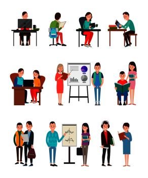 People learn new information with teachers, school friends, modern technologies, visual presentations and books vector illustrations set.. People Lern New Information Illustrations Set