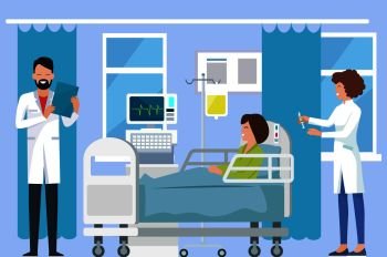 Patients check up at doctor, nurse with syringe and smiling woman, monitors and curtains, equipments around them, on vector illustration. Patients Check Up at Doctor Vector Illustration