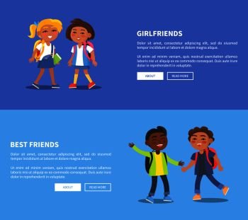 Girlfriends and best friends collection of banners. Vector illustration of young student with backpacks communicating with one another. Girlfriends and Best Friends Collection of Banners